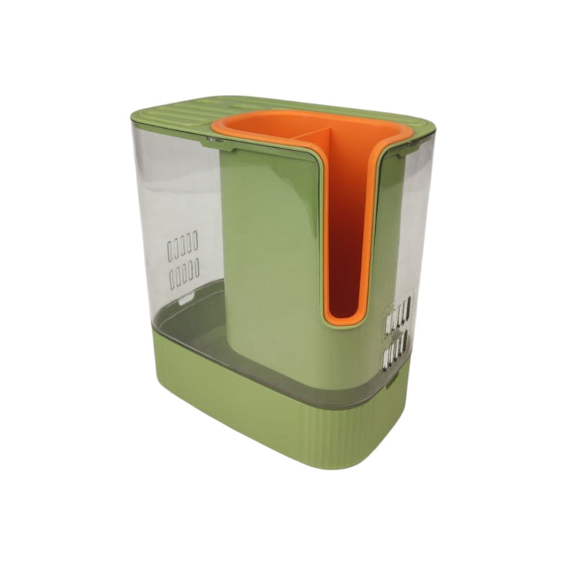 Green and orange pet food container on a white background