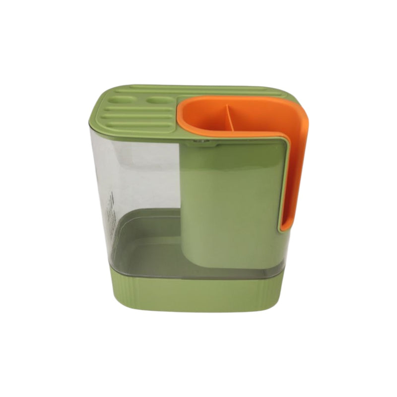Green and orange pet feeder on a white background