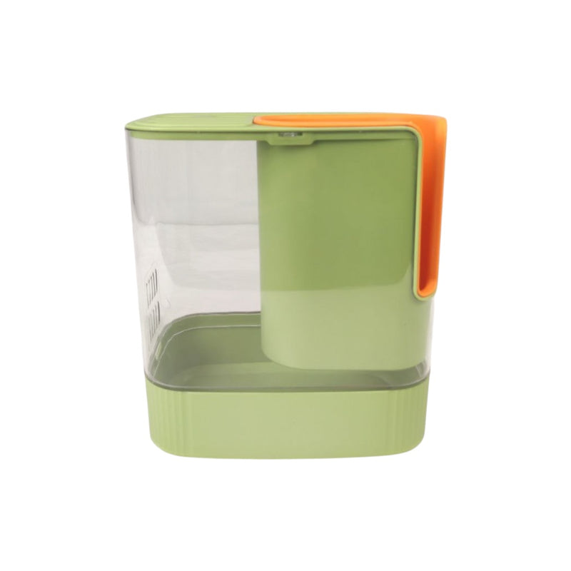Green and orange pet water fountain on a white background