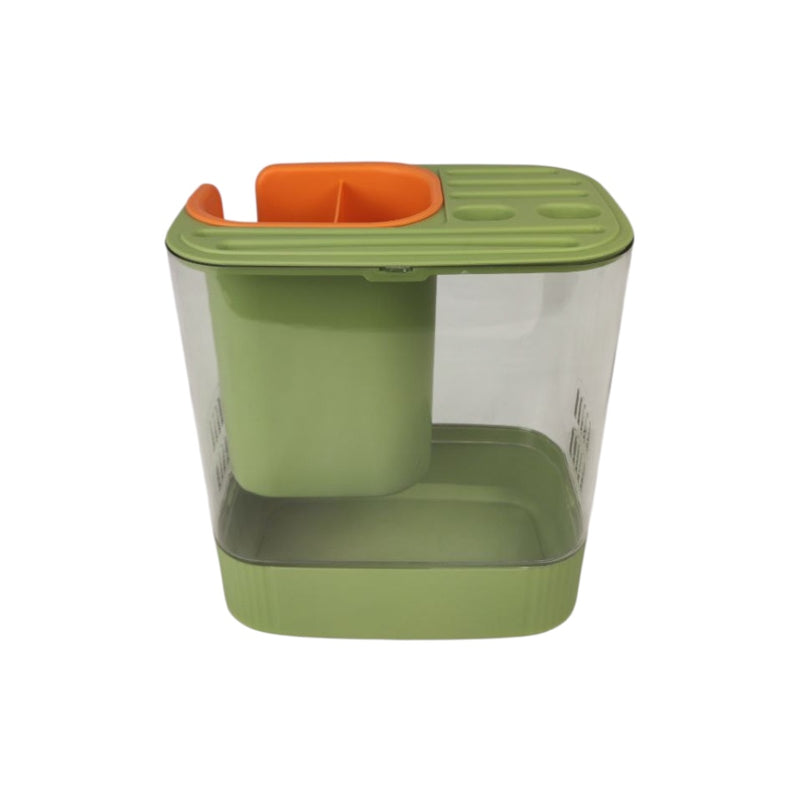 Green and orange pet feeder on a white background