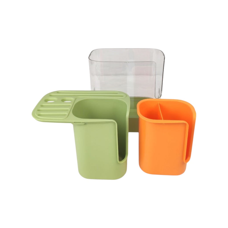 Three colorful plastic containers on a white background