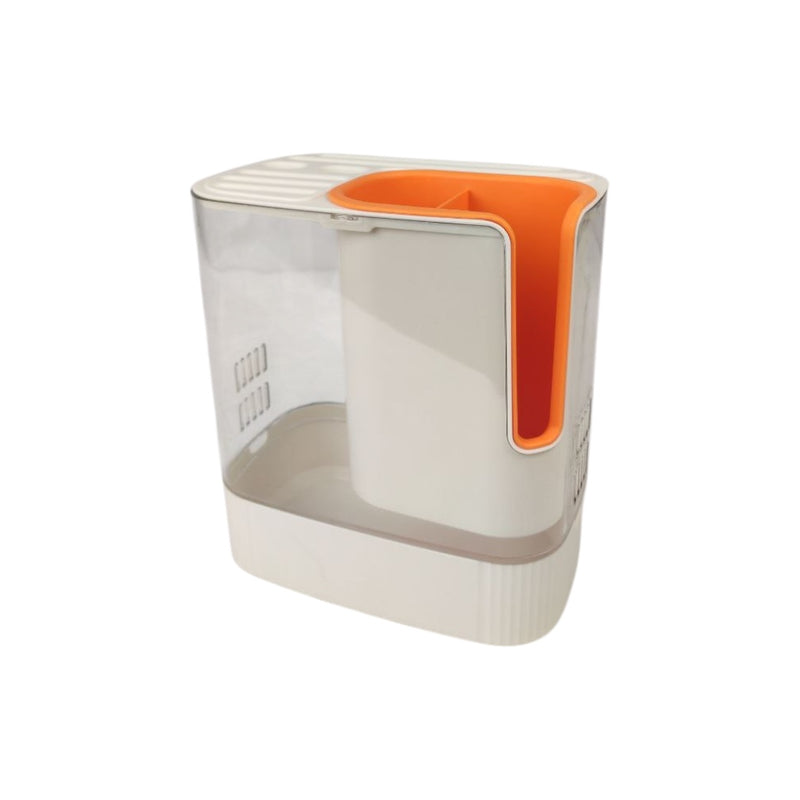 Clear pet litter box with orange interior on a white background