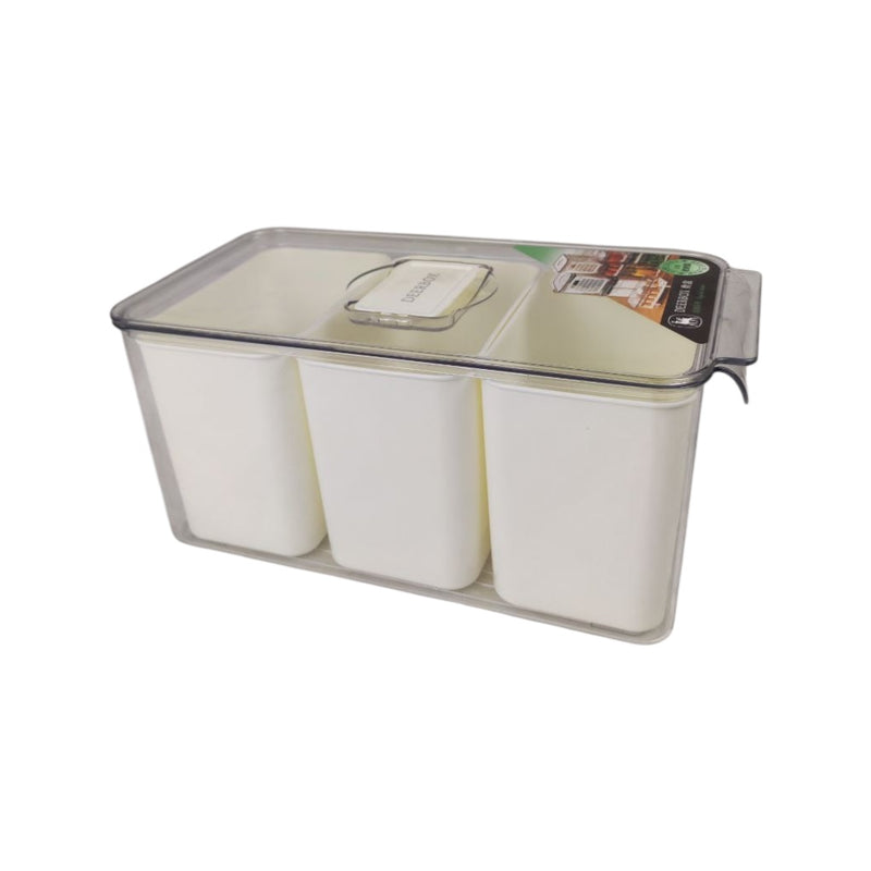 Set of three white containers with a clear lid on a white background