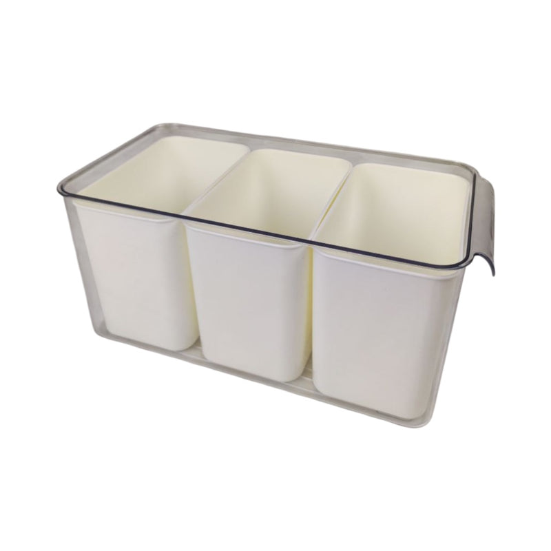 Rectangular container with three compartments on a white background