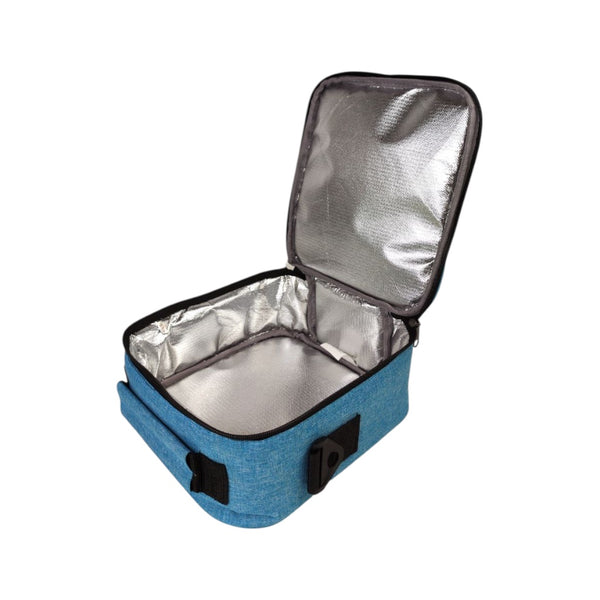 Blue insulated cooler bag with open lid on a white background