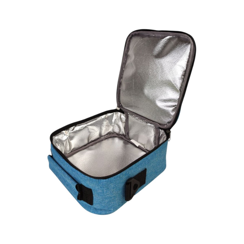 Blue insulated cooler bag with open lid on a white background