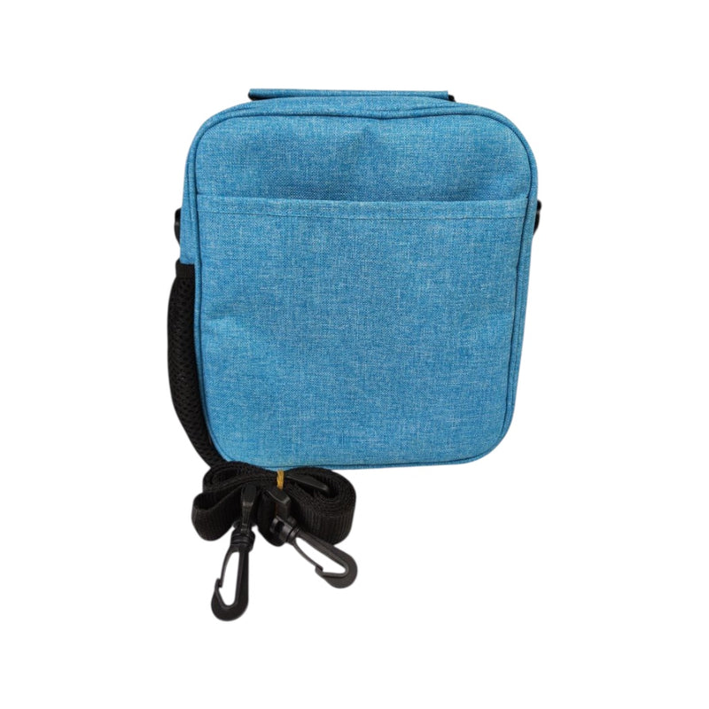 Blue rectangular bag with a black strap on a white background