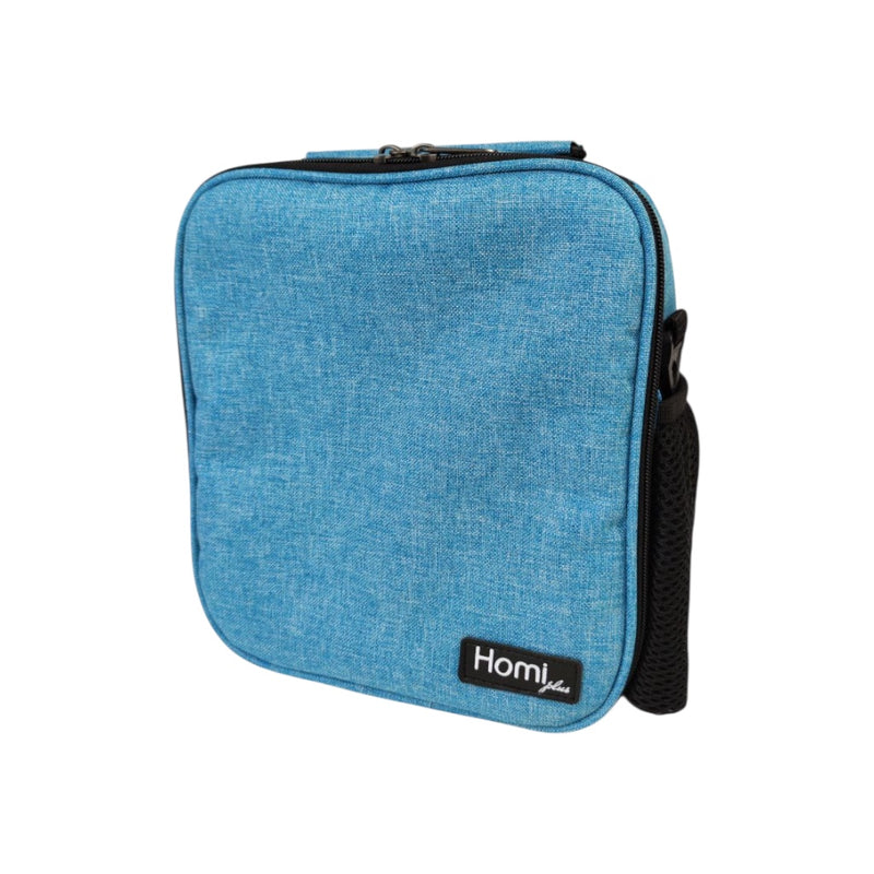 Blue zippered case with a black strap and 'Homi' branding on a white background