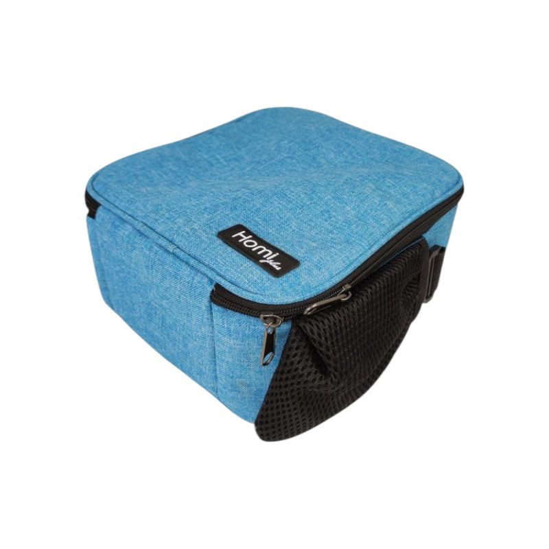 Blue pet carrier with black mesh side on a white background