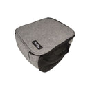 Gray pet carrier with black mesh side on a white background