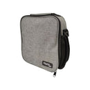 Gray carrying case with a black strap on a white background
