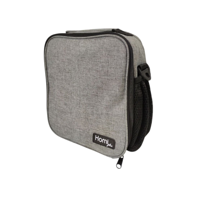 Gray carrying case with a black strap on a white background
