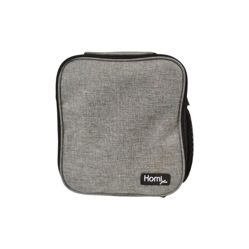 Gray carrying case with 'Homi' branding on a white background
