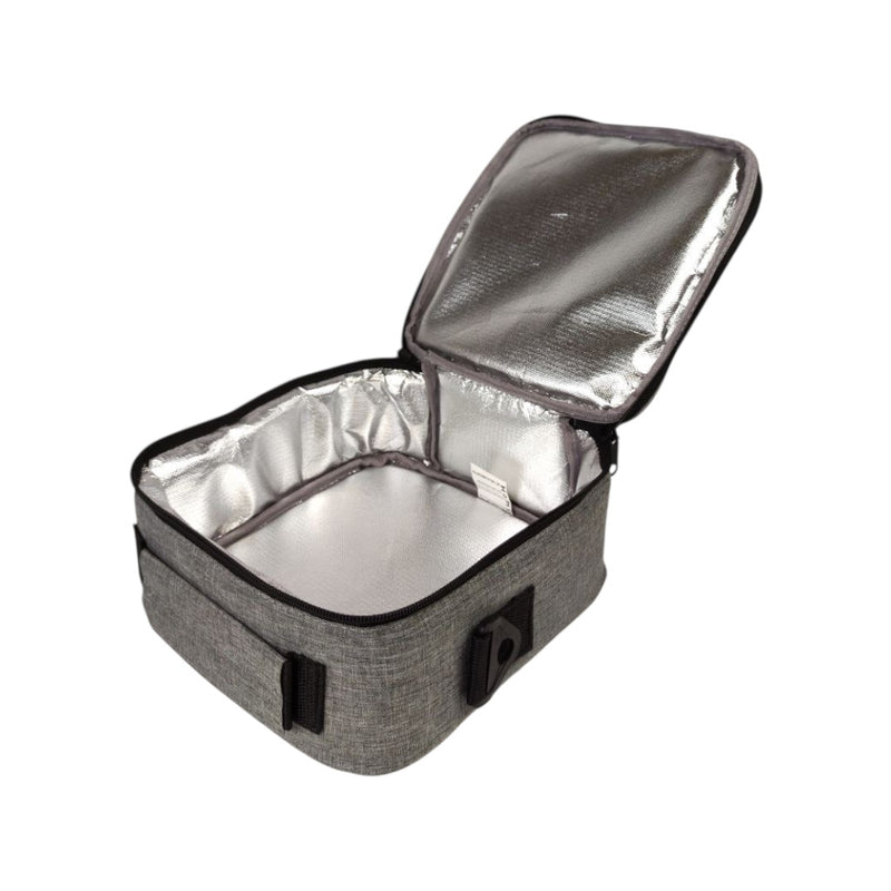 Insulated lunch bag with gray exterior and silver interior on a white background