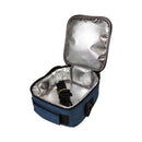 Blue insulated cooler bag with a black handle on a white background