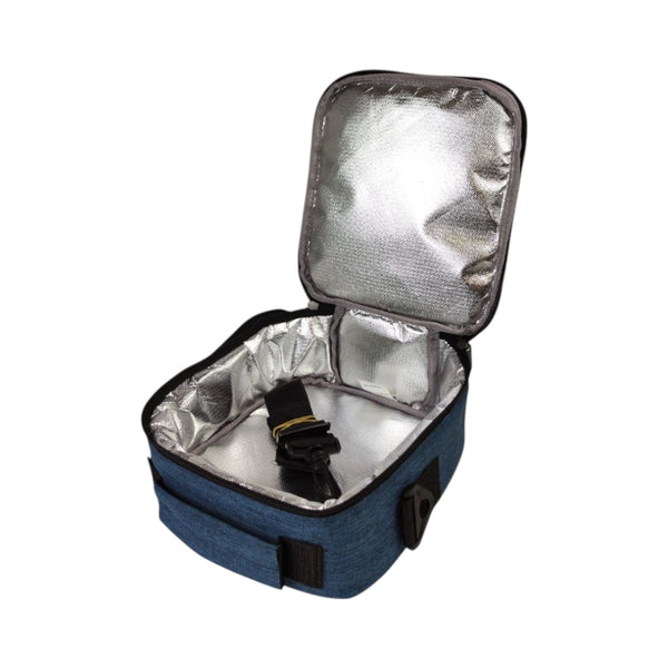 Blue insulated cooler bag with a black handle on a white background
