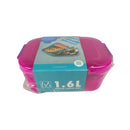 Pink lunch box with blue label on a white background