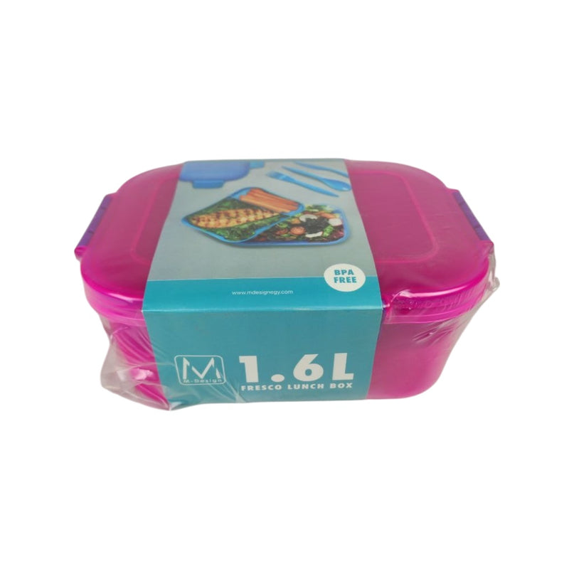 Pink lunch box with blue label on a white background