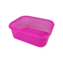 Pink plastic container with a clear lid on a white background