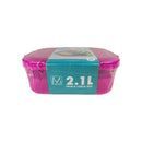 Pink lunch box with a blue label indicating 2.1L capacity on a white background
