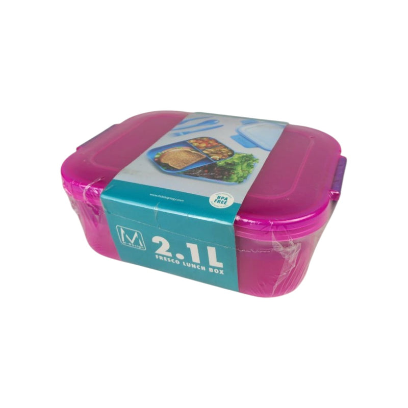 Pink lunch box with a blue label on a white background