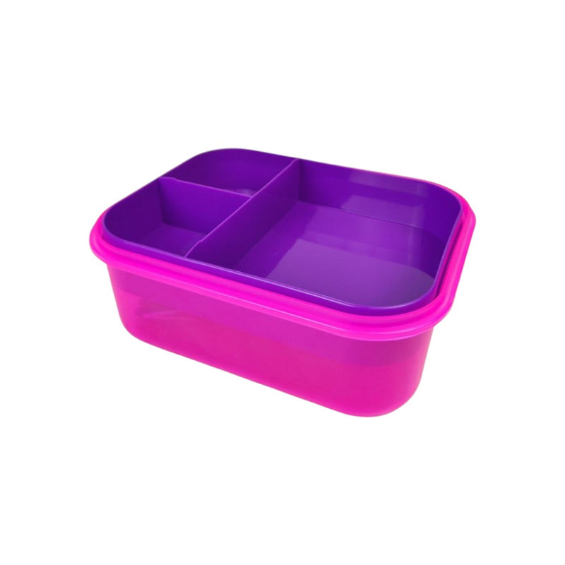 Two-tone purple and pink plastic container with compartments on a white background
