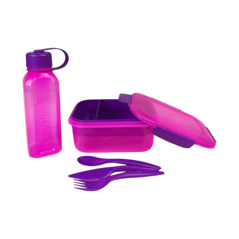 Purple water bottle, lunch box, and utensils on a white background