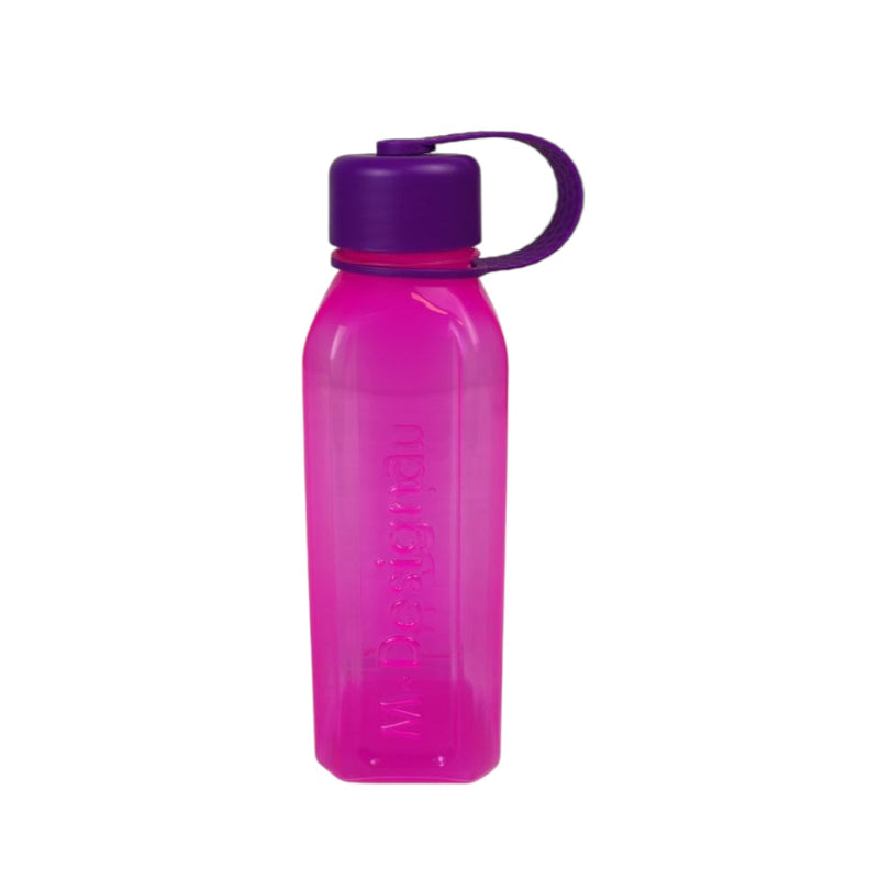 Pink water bottle with purple cap on a white background