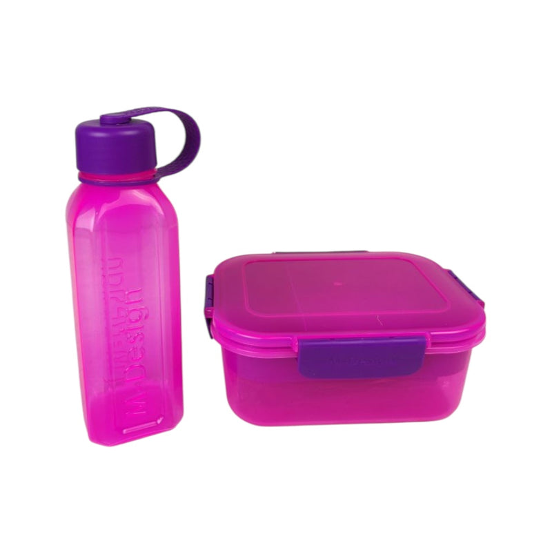 Pink water bottle and container set with purple accents on a white background