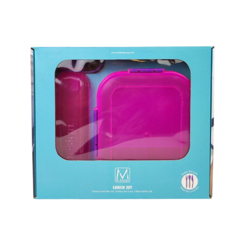 Pink lunch box in a blue packaging box with a visible brand logo.
