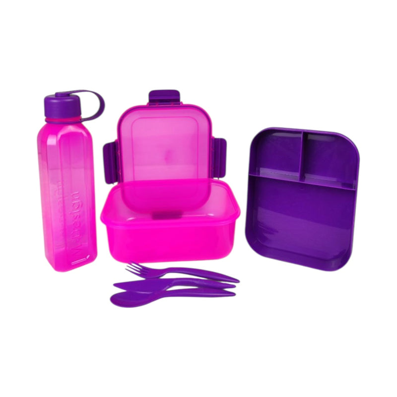 Purple and pink plastic lunch set with water bottle, containers, and cutlery on a white background