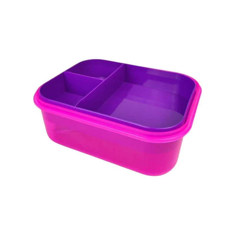 Two-toned purple and pink plastic container with compartments on a white background