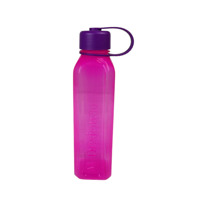 Pink water bottle with purple cap on a white background