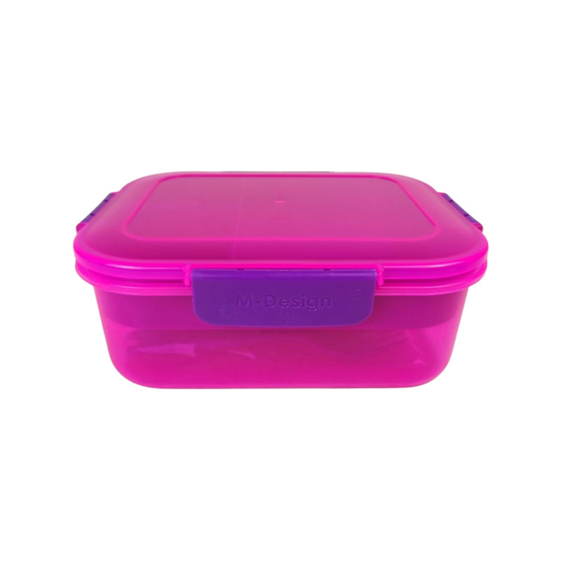Pink plastic container with purple lid on a white background