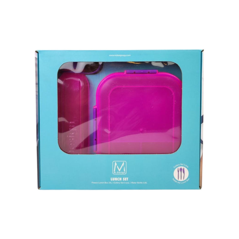 Pink lunch box in a blue packaging box on a white background