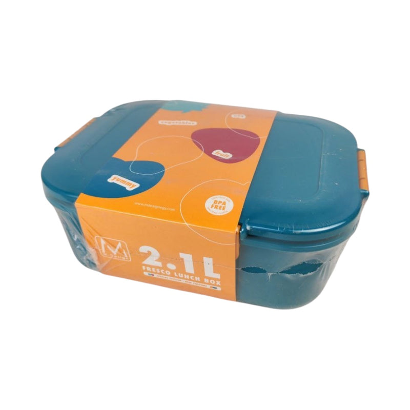 Blue food storage container with orange label on a white background