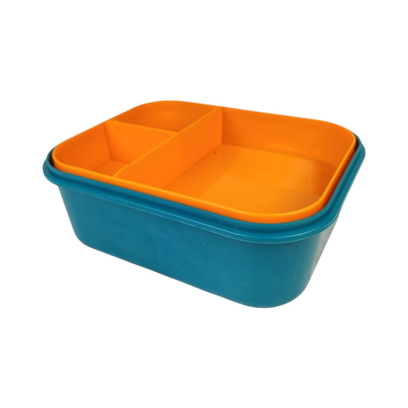 Stackable plastic containers with blue base and orange lid on a white background