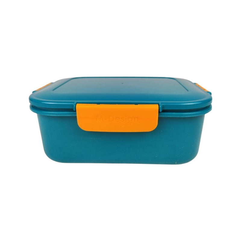 Blue food storage container with an orange handle on a white background