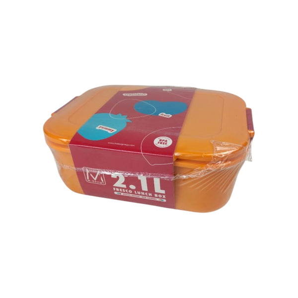 Orange lunch box with a red label on a white background