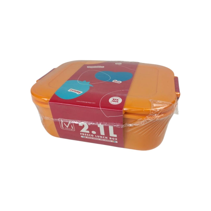 Orange lunch box with a red label on a white background