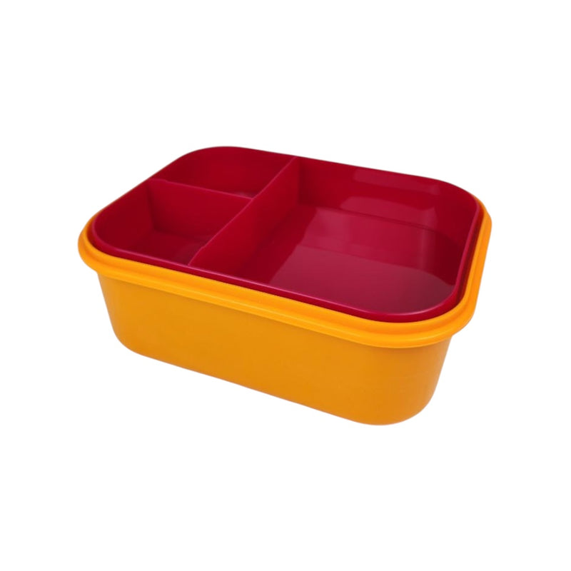 Two-tiered container with red top and orange bottom on a white background