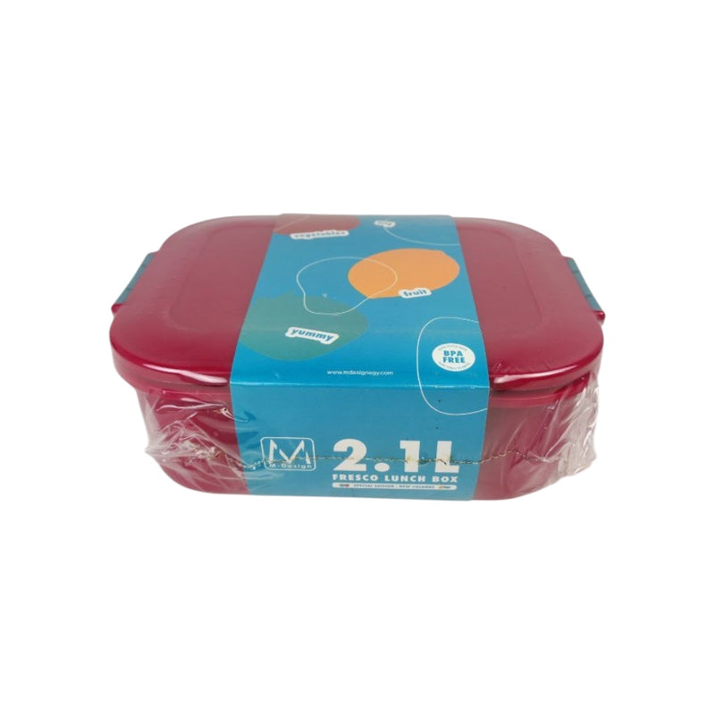 Red lunch box with blue label on a white background