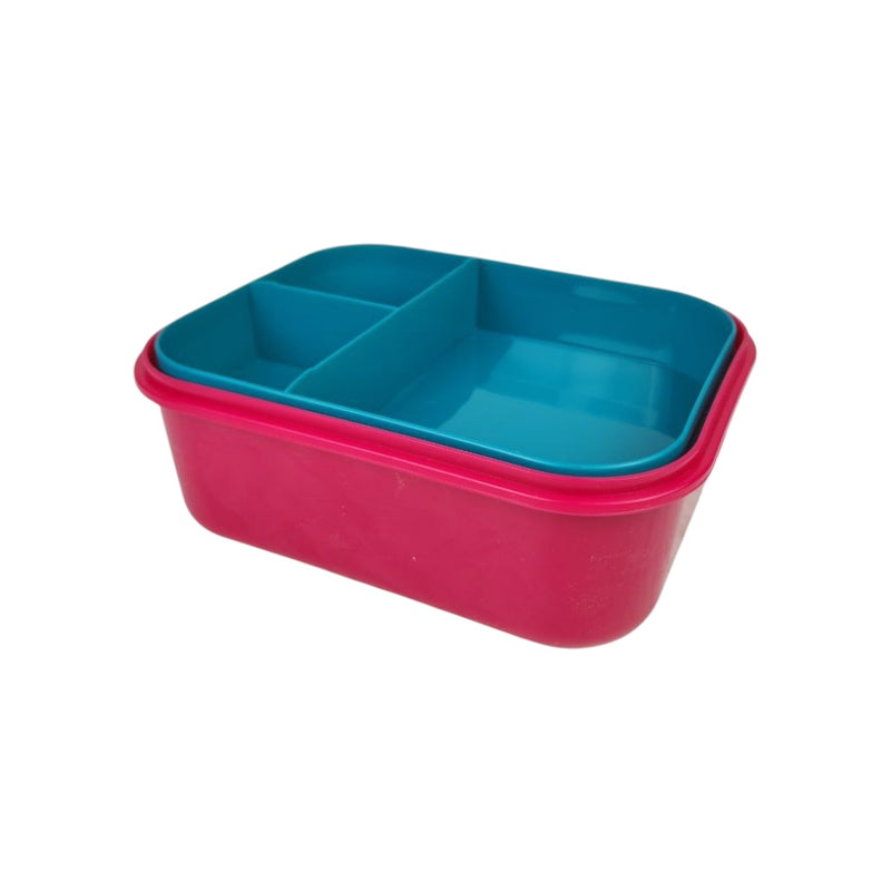 Stackable plastic containers with a blue top and pink base on a white background