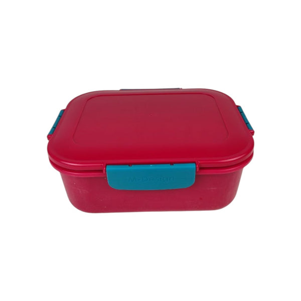 Red plastic container with a blue handle on a white background