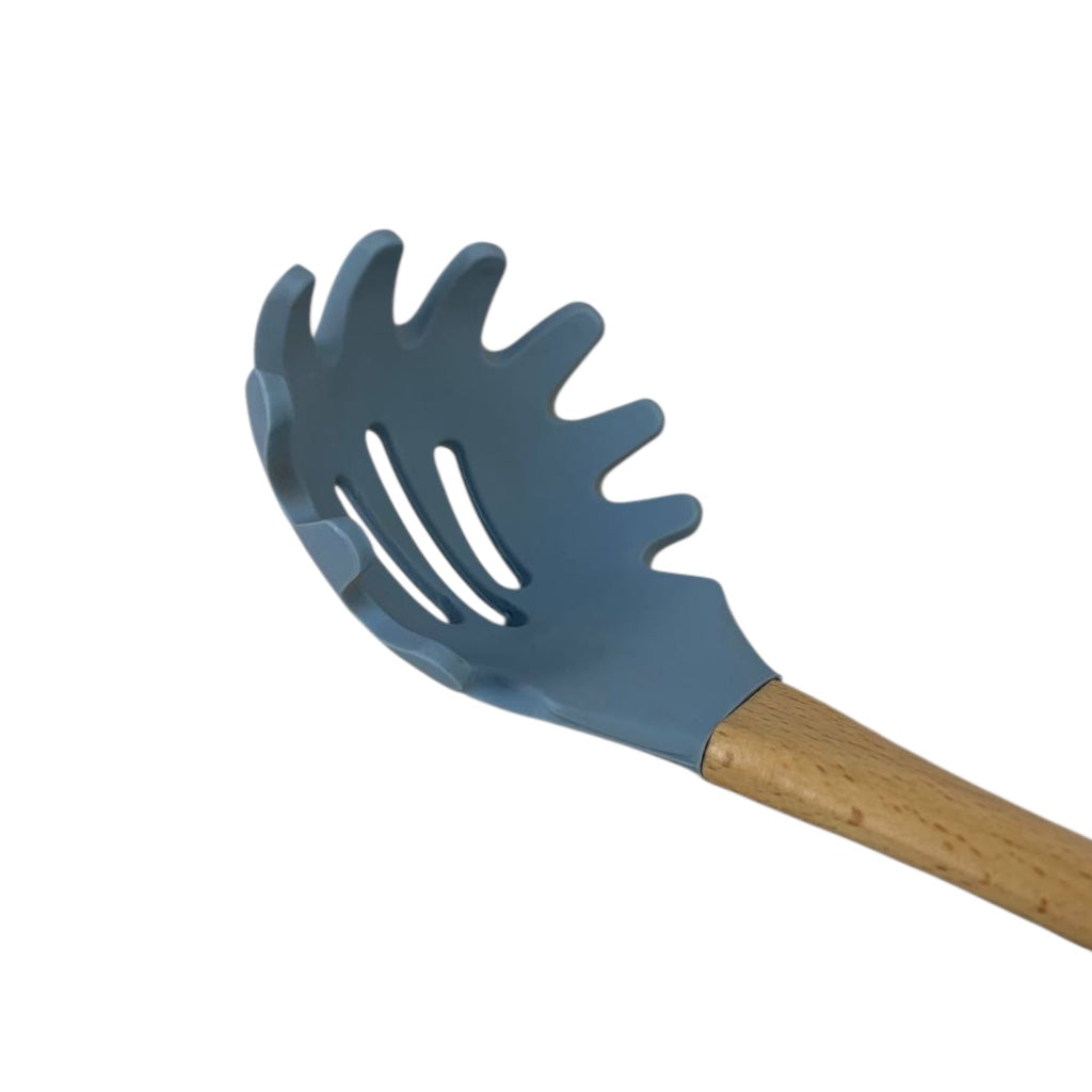 Blue silicone spatula with wooden handle on a white background