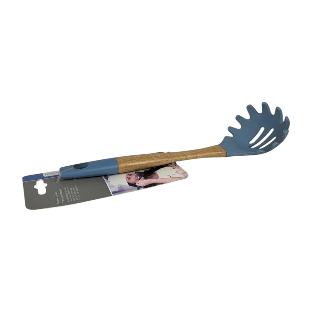 Blue and brown slotted spoon on a white background