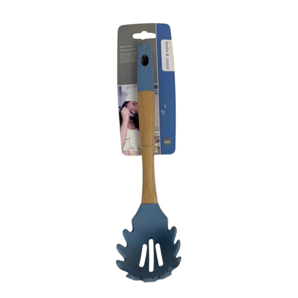 Blue slotted spoon with wooden handle on a white background