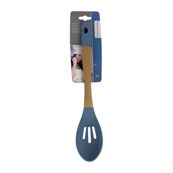 Blue slotted spoon with wooden handle on a white background
