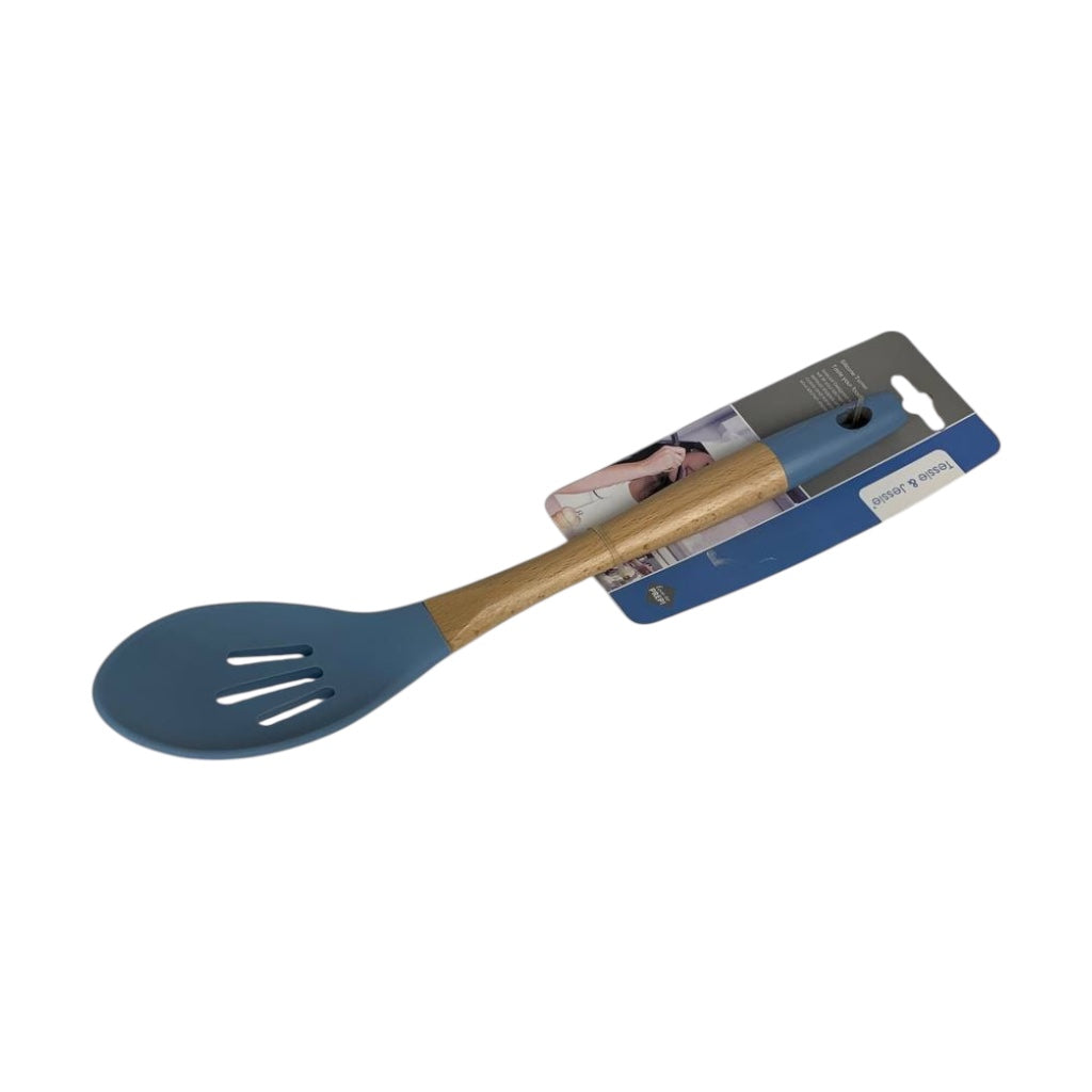 Blue slotted spoon with wooden handle on a white background