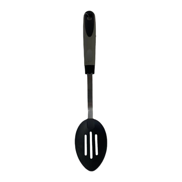 Black slotted spoon on a white background